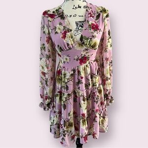 Lush open back floral v neck mini dress ladies size small pink